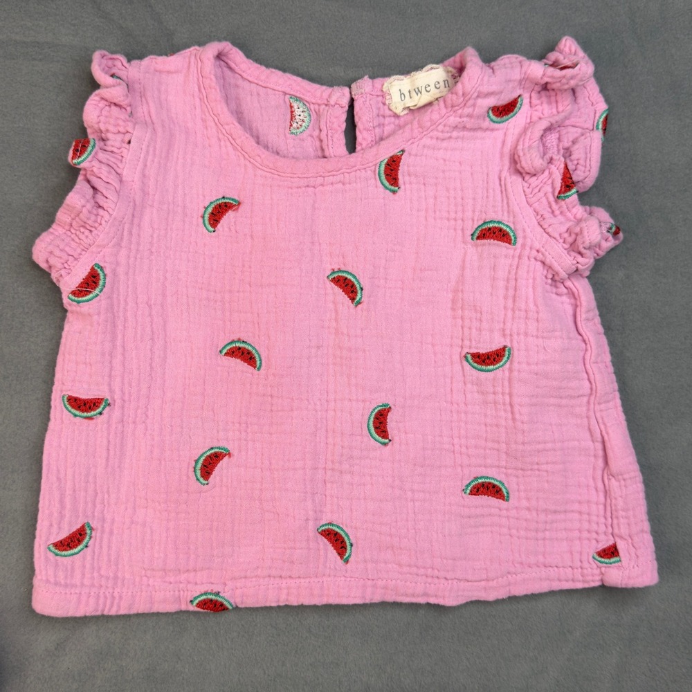 btween Girls Pink Watermelon Cotton Gauze Ruffle Top and Shorts Set Size 5 - Picture 2 of 8